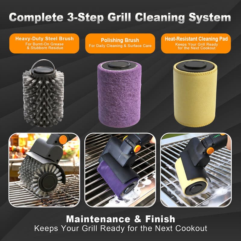 3-in-1 electric grill cleaning brush system with multiple cleaning heads