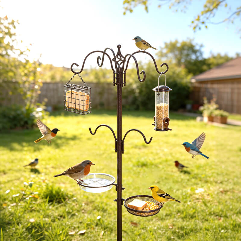 83 inch bird feeding station showing hooks,feeders,water bowl and seed tray