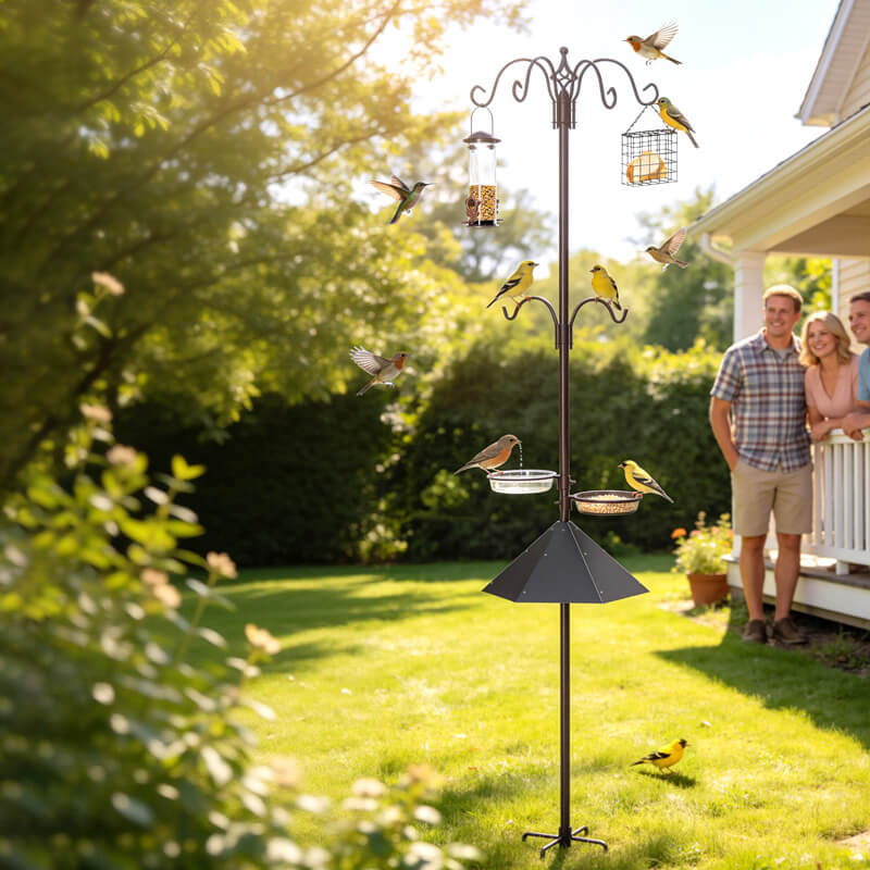 83 inch bird feeding station with squirrel  guard  placed in backyard garden