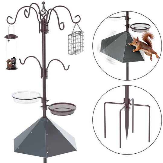 Bird feeding station components with baffle and ground stake