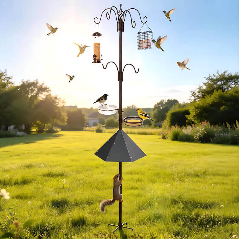 Bird feeding station kit with squirrel guard attracting backyard birds