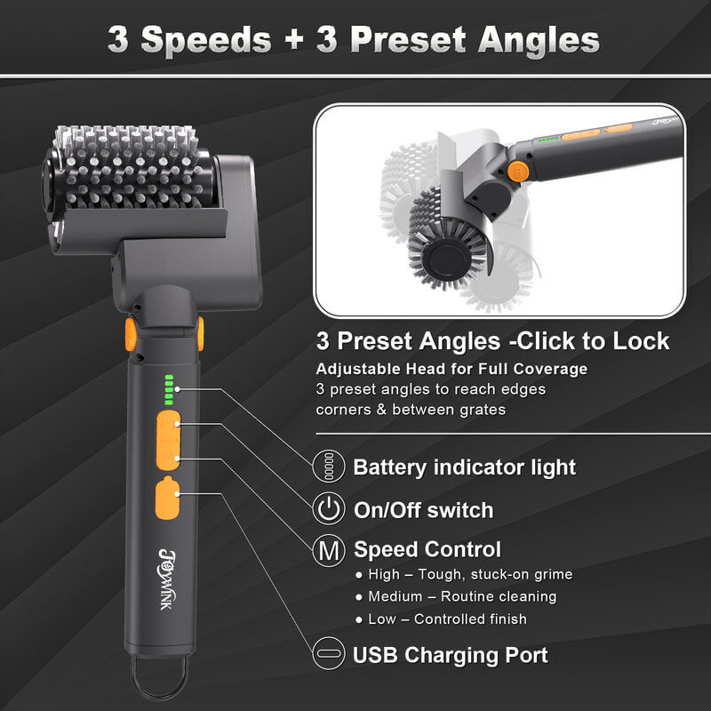 Adjustable angle electric grill brush for flexible BBQ grill cleaning
