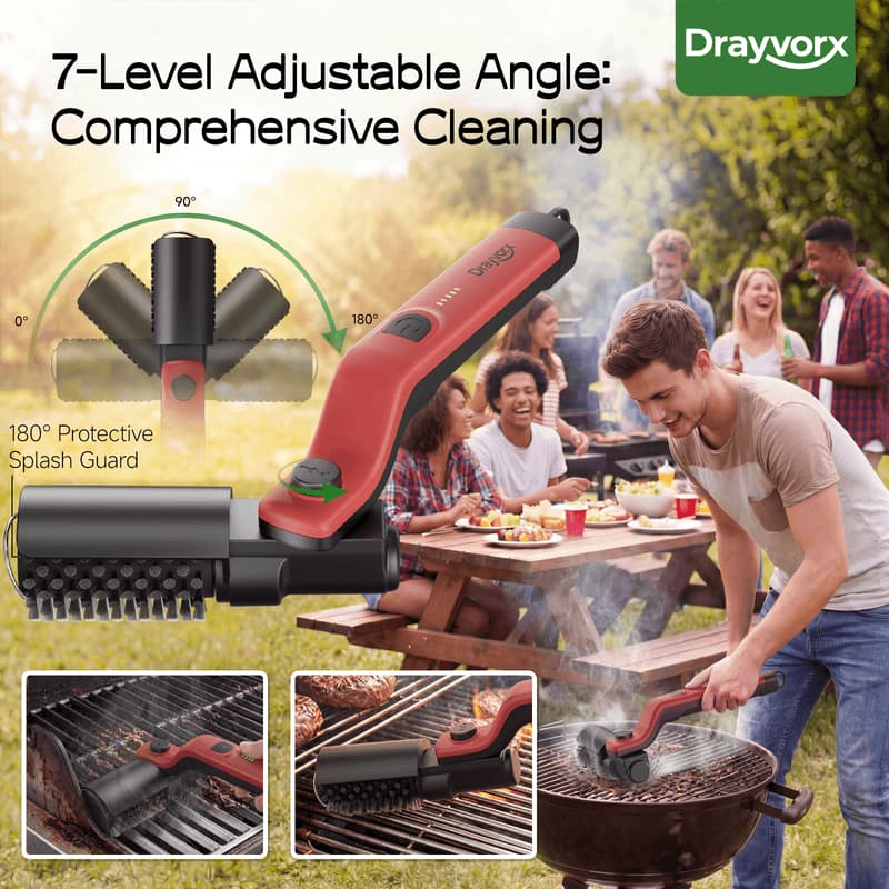 Adjustable red BBQ grill brush reaches different angles for deep cleaning