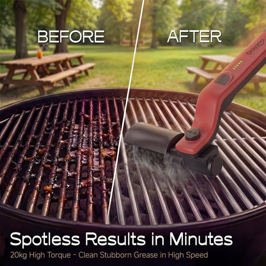 BBQ grill cleaning brush showing before and after grease removal results