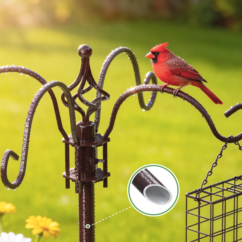 Bird feeding station showing hook assembly and pole connection