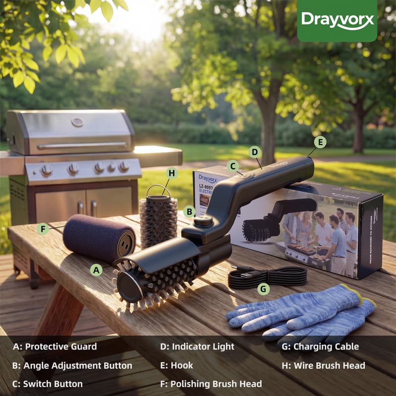 Black electric grill brush components and features for effective BBQ cleaning