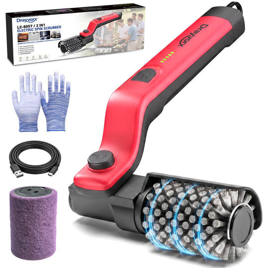 Red electric grill brush with cleaning accessories set