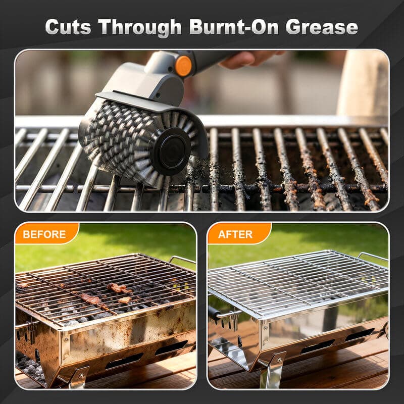 Electric grill brush removes grease from BBQ grill with before and after cleaning results