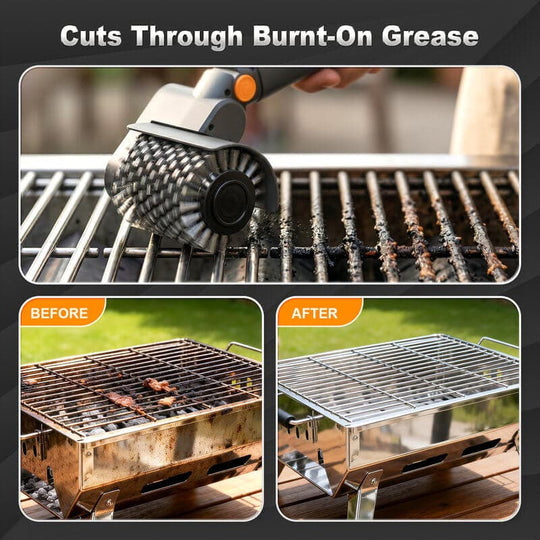 Electric grill brush removes grease from BBQ grill with before and after cleaning results