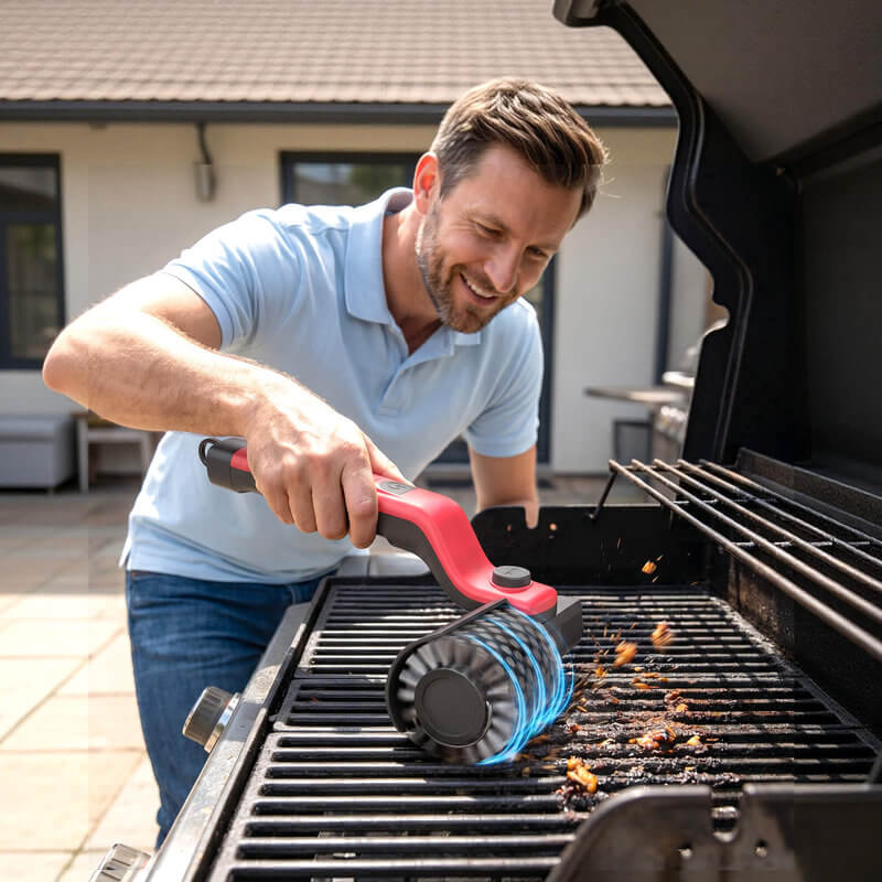Red electric grill brush cleaning barbecue grill grates