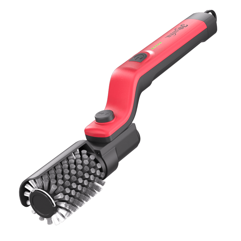 Red electric grill brush showing right product angle