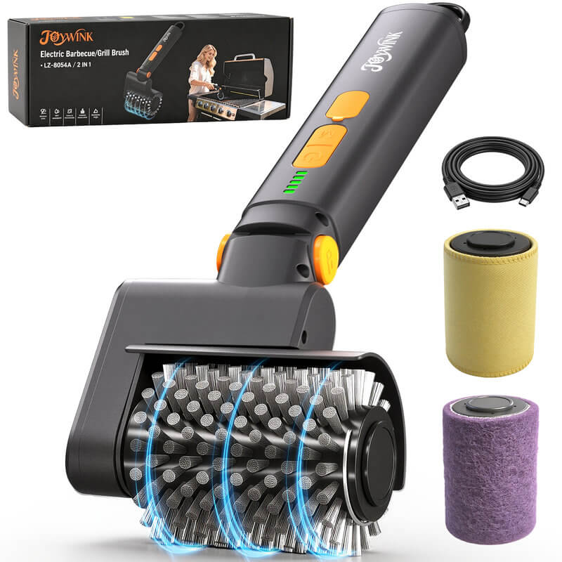 Electric grill brush with interchangeable cleaning heads for grill maintenance