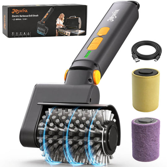Electric grill brush with interchangeable cleaning heads for grill maintenance
