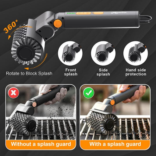 Electric grill brush with grease splash guard for cleaner BBQ grill maintenance