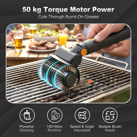 Electric grill cleaner with high torque power removes stubborn grease