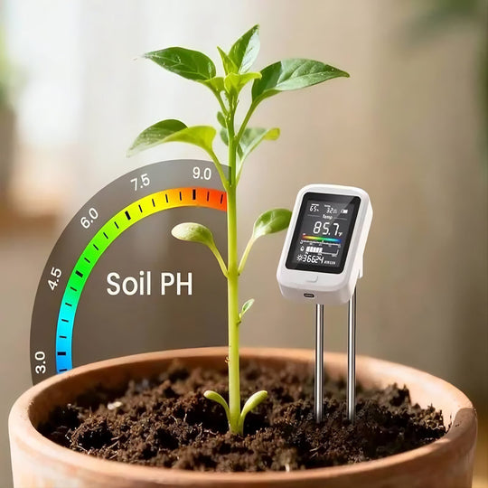 Soil moisture meter checking potted plant conditions