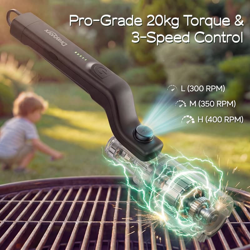 High power BBQ grill cleaner tool with torque and speed control features