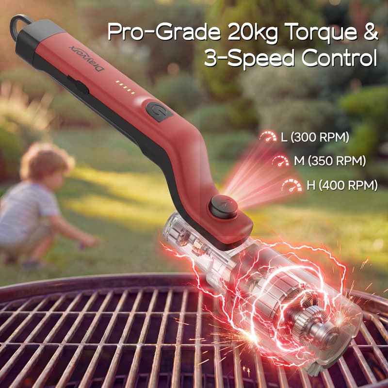 High power red grill cleaner brush with torque and speed control settings