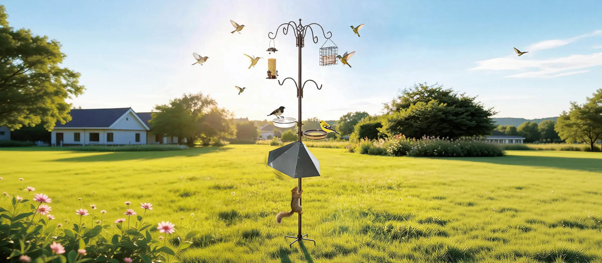 Joywink bird feeding station installed in a backyard attracting wild birds