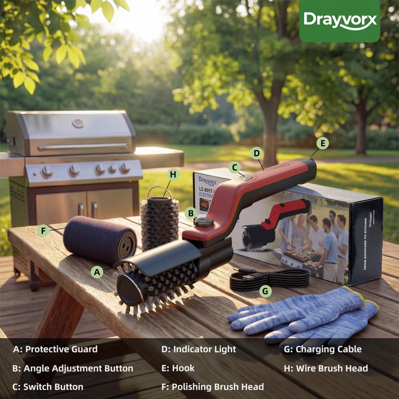 Red electric grill brush components showing professional cleaning features