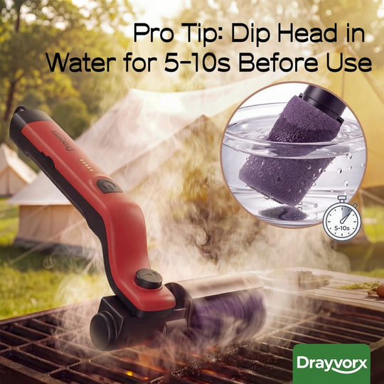 Red electric grill brush with steam cleaning power to remove stubborn grease