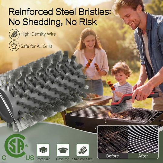 Safe red grill brush with reinforced bristles for secure BBQ cleaning