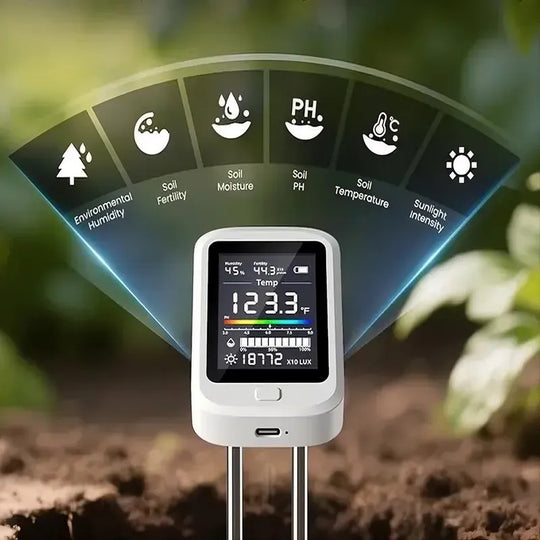 6 in 1 soil moisture meter showing six testing functions