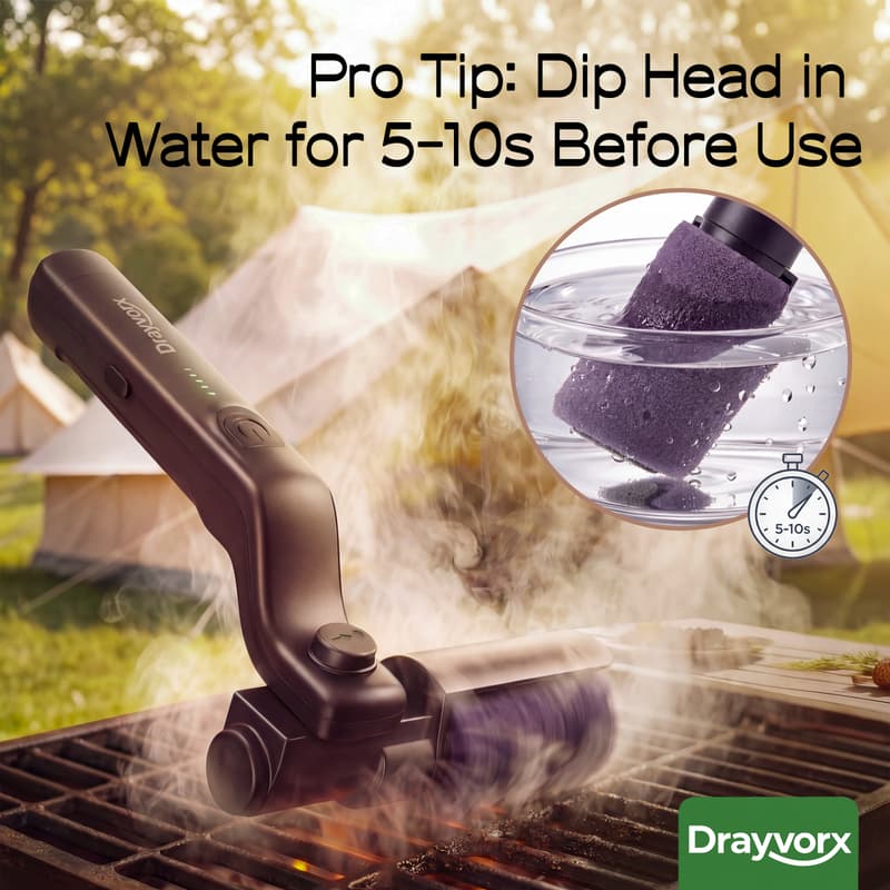 Steam powered BBQ grill cleaner brush loosens grease for easier cleaning